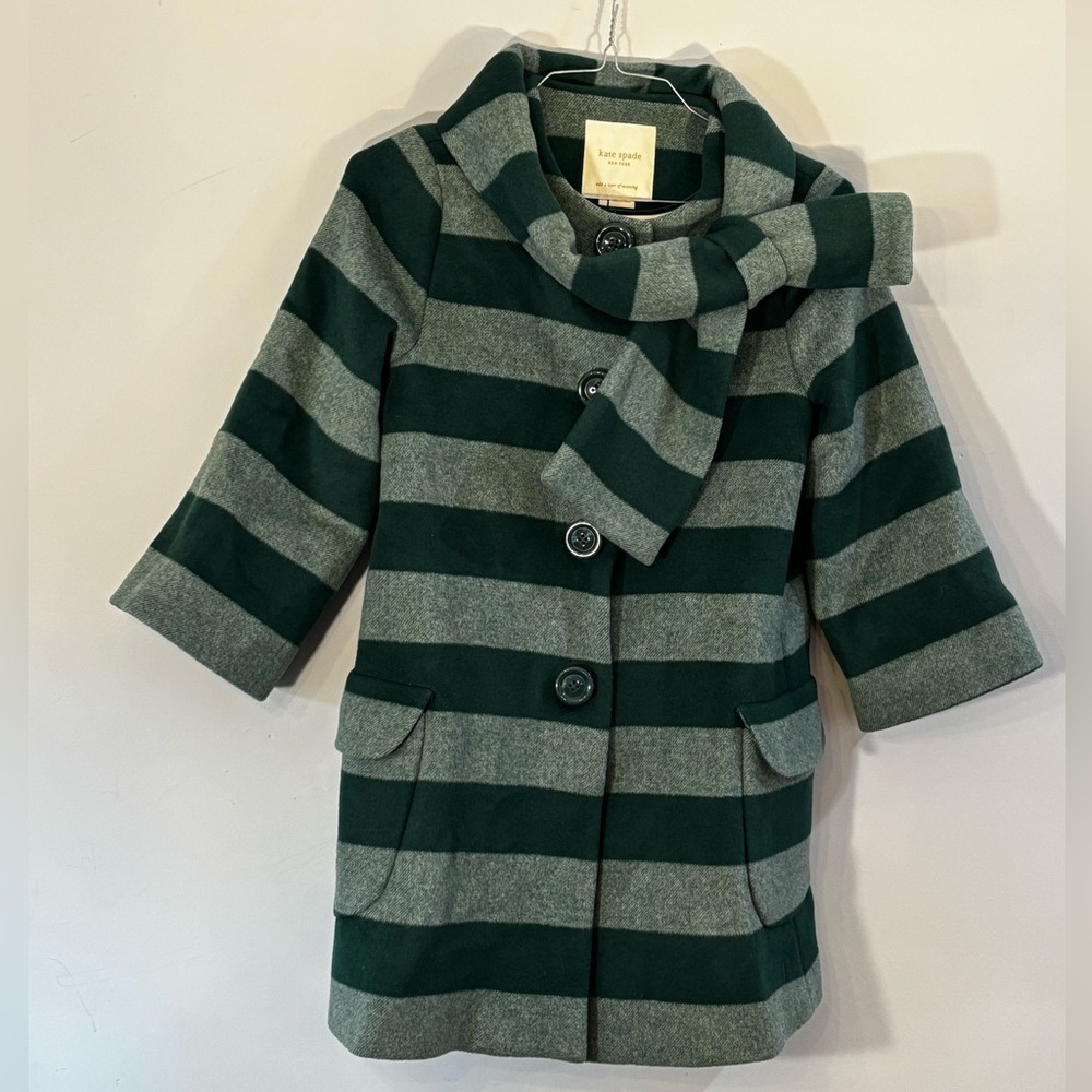 Kate Spade Green Striped Coat with attached Scarf